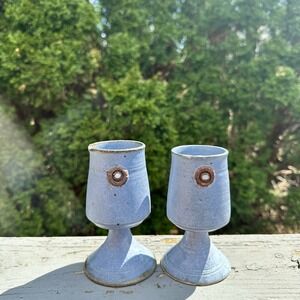 Vintage 1975 J. Marvin Crozier Nauvoo Pottery Goblet Pair Stoneware Signed